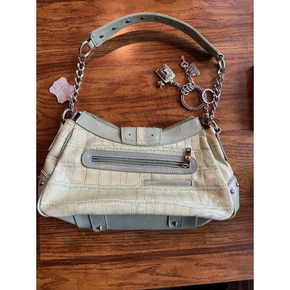 M.C Sage Green Croc Embossed Shoulder Bag | Rhinestone Western Buckle Studded